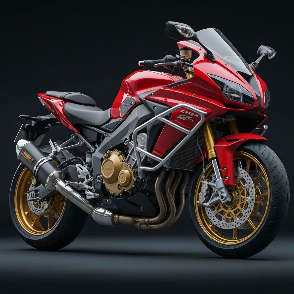 Moto esportiva com proteção e detalhes dourados